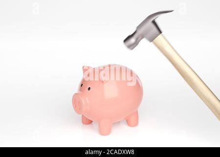 Breaking the piggy bank with a hammer Stock Photo