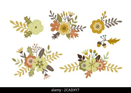 Cute floral bouquets for autumn. Decorative vector elements, isolated on white background. Stock Vector