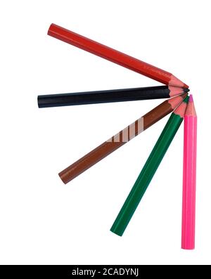 A design made with five different colored wood pencil crayons on white paper background Stock Photo