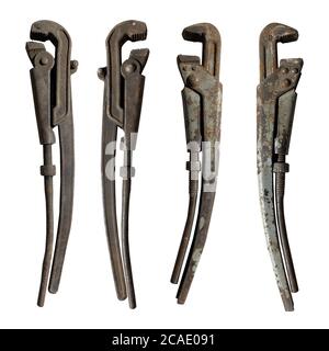 set of old adjustable pipe wrenches on a white isolated background Stock Photo