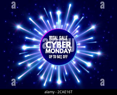 Cyber Monday total sale banner with bright fireworks and sparkles. Blue and violet luminous signboard, nightly advertising. Annual sale background. Go Stock Vector