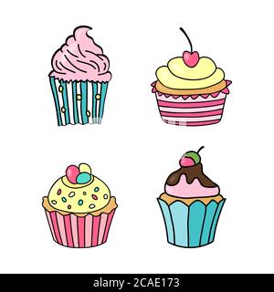 Sweet cupcake. Set of hand drawn cupcakes. Doodle cakes with cream and berries. Vector illustration. Stock Vector