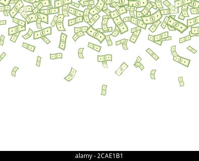 Dollar falling on white background. Banknotes icon explosion. Paper bank notes frame. Money in a flat style. Jackpot, big win. Cartoon cash sign. Curr Stock Vector