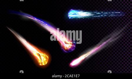 Falling comets, asteroids or meteors with flame trail isolated on transparent background. Vector realistic set of flying glowing meteorites from space, fireballs burning in Earth atmosphere Stock Vector