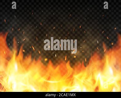 Realistic flames on transparent background. Fire background with flames, red fire sparks flying up, glowing particles and smoke. Burning flames. Bonfi Stock Vector