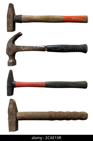set of old rusty hammers on a white isolated background Stock Photo