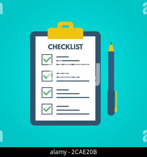 Checklist with tick marks in a flat style. Questionnaire on a clipboard paper. Successful completion of business tasks. Checklist, tasks, to-do list, Stock Vector