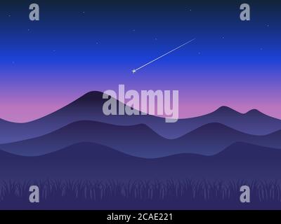 Landscape at sunset, Mountains and shooting star Stock Vector