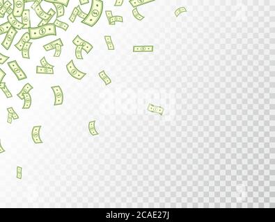 Dollar flying on transparent background. Paper bank notes frame. Banknotes icon. Money in a flat style. Jackpot, big win. Cartoon cash sign. Currency Stock Vector