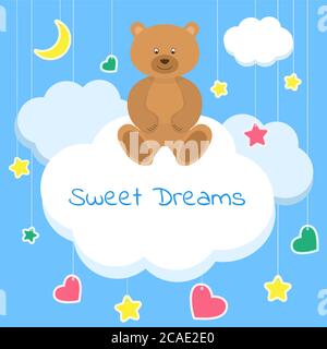 Sweet dreams colorful vector Illustration. Sleep concept. Beautiful poster for baby rooms or bedroom. Children background with moon stars blue and whi Stock Vector
