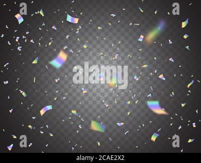 Holographic shiny falling confetti on transparent background. Glitch effect. Rainbow festive tinsel. Foil hologram. Color iridescent decoration for Ch Stock Vector