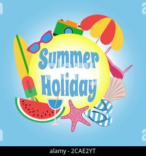 Summer holiday. Circle banner design with colorful beach elements on blue background Stock Vector