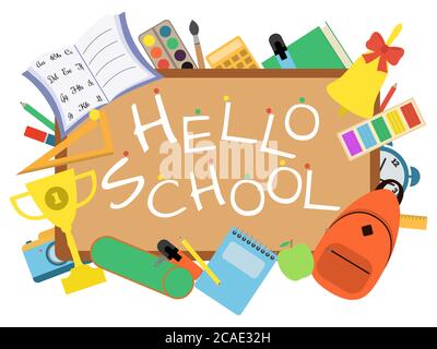 Hello school banner with blackboard and student items on white background Stock Vector