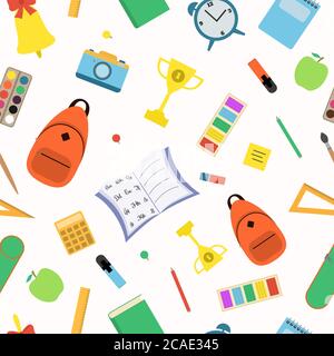 School seamless pattern. Student items on white background Stock Vector