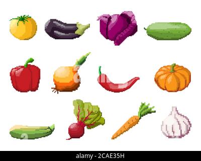 Pixel art vegetables on white background. 8 bit icon set Stock Vector