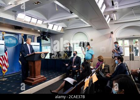 WASHINGTON DC, USA - 05 August 2020 - President Donald J. Trump addresses his remarks during a news conference Wednesday, Aug. 5, 2020, in the James S Stock Photo