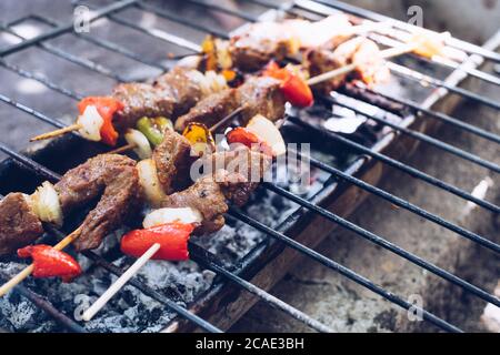 Grilling sticks of Kebab - meat and vegetables in skewers, over hot charcoal fire. Selective focus. Stock Photo