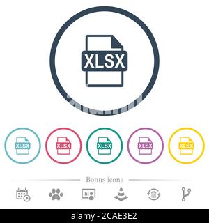 XLSX file format flat color icons in round outlines. 6 bonus icons included. Stock Vector