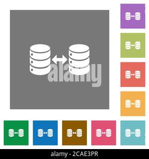 Syncronize databases flat icons on simple color square backgrounds Stock Vector