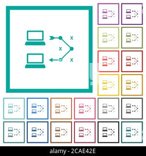 Traceroute remote computer flat color icons with quadrant frames on white background Stock Vector