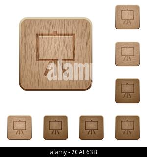 Easel with blank canvas on rounded square carved wooden button styles Stock Vector