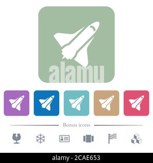 Space shuttle white flat icons on color rounded square backgrounds. 6 bonus icons included Stock Vector