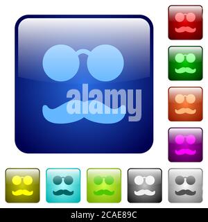 Glasses and mustache icons in rounded square color glossy button set Stock Vector