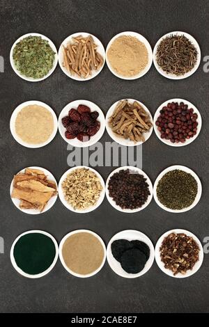 Herbs for energy, vitality & fitness used in natural alternative & chinese herbal medicine. In white porcelain bowls on mottled grey background. Stock Photo