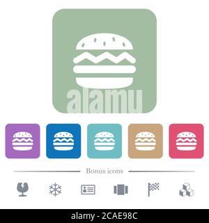 Single hamburger white flat icons on color rounded square backgrounds. 6 bonus icons included Stock Vector
