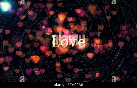 Dark background with colorful heart-shaped bokeh lights and LOVE text Stock Photo