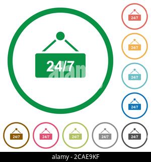hanging table with 24h seven days a week flat color icons in round outlines on white background Stock Vector