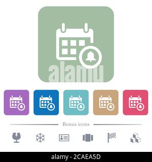 Calendar alarm white flat icons on color rounded square backgrounds. 6 bonus icons included Stock Vector