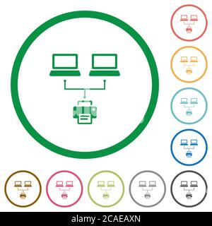 Network printing flat color icons in round outlines on white background Stock Vector
