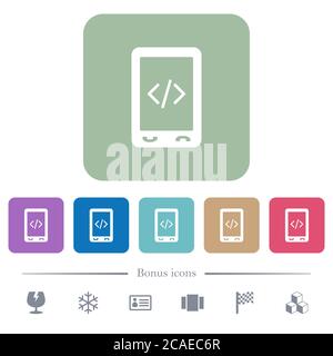 Mobile scripting white flat icons on color rounded square backgrounds. 6 bonus icons included Stock Vector