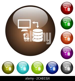Syncronize data with database white icons on round color glass buttons Stock Vector