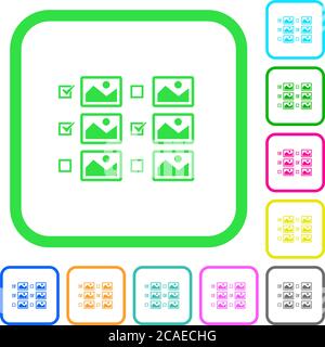 Multiple image selection with checkboxes vivid colored flat icons in curved borders on white background Stock Vector