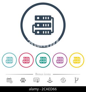 Connected servers flat color icons in round outlines. 6 bonus icons included. Stock Vector