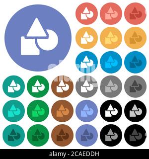 Basic geometric shapes multi colored flat icons on round backgrounds. Included white, light and dark icon variations for hover and active status effec Stock Vector