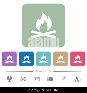 Camp fire white flat icons on color rounded square backgrounds. 6 bonus icons included Stock Vector