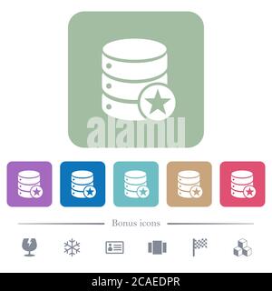 Marked database white flat icons on color rounded square backgrounds. 6 bonus icons included Stock Vector