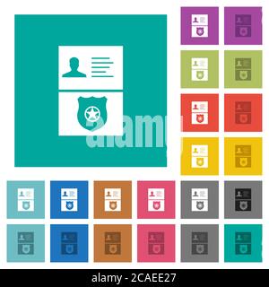 Police id and badge multi colored flat icons on plain square backgrounds. Included white and darker icon variations for hover or active effects. Stock Vector