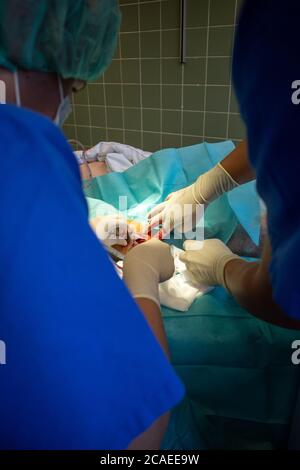 two doctors perform a hematoma removal with sterile gloves on a lower leg Stock Photo