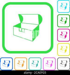 Empty open coffer vivid colored flat icons in curved borders on white background Stock Vector