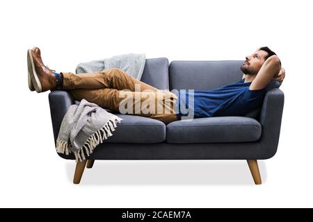 Man Relaxing On Sofa. Isolated On White Stock Photo