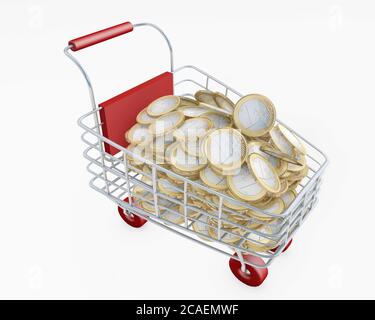 Shopping cart full of euros expensive shipping concept 3d rendering isolated on white Stock Photo