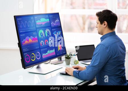 Business Analyst Using KPI Data Analytics On Monitor Stock Photo