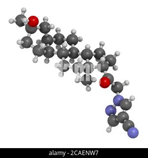 Zuranolone drug molecule. 3D rendering. Atoms are represented as spheres with conventional color coding: hydrogen (white), carbon (grey), nitrogen (bl Stock Photo