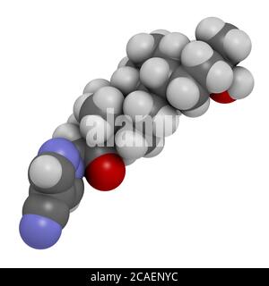 Zuranolone drug molecule. 3D rendering. Atoms are represented as spheres with conventional color coding: hydrogen (white), carbon (grey), nitrogen (bl Stock Photo