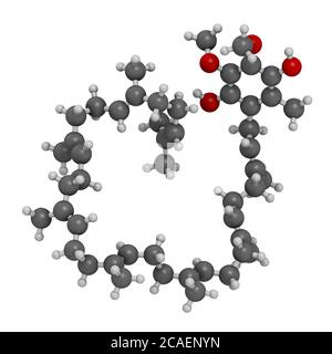 Ubiquinol molecule. Reduced form of coenzyme Q10. 3D rendering. Atoms are represented as spheres with conventional color coding: hydrogen (white), car Stock Photo