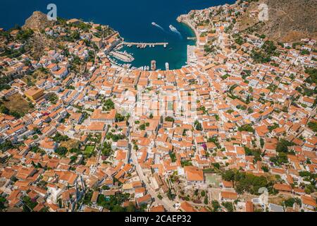Aerial view of Hydra Port at Hydra Island, Greece Stock Photo